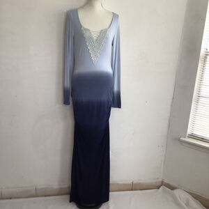 Venus Women Elegant Blue Ombre Crochet Lace Long Sleeve Ruching Maxi Dress M